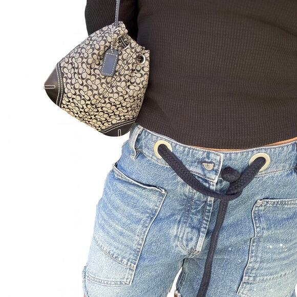 Y2K Coach Signature Rare Mini Drawstring Bucket Bag Black Grey - Picture 2 of 5